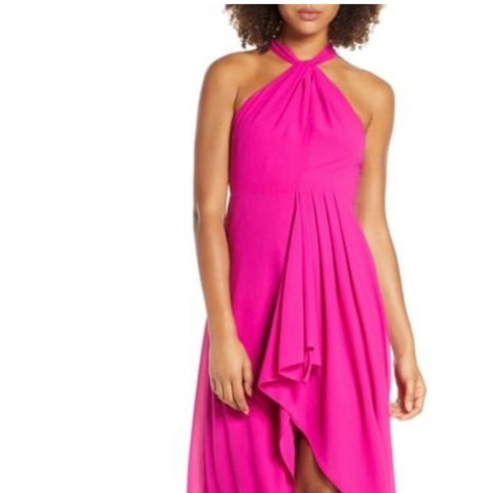 BADGLEY MISCHKA: Elegant, pink, halter, asymmetrical, high-low, dress. Size 0.